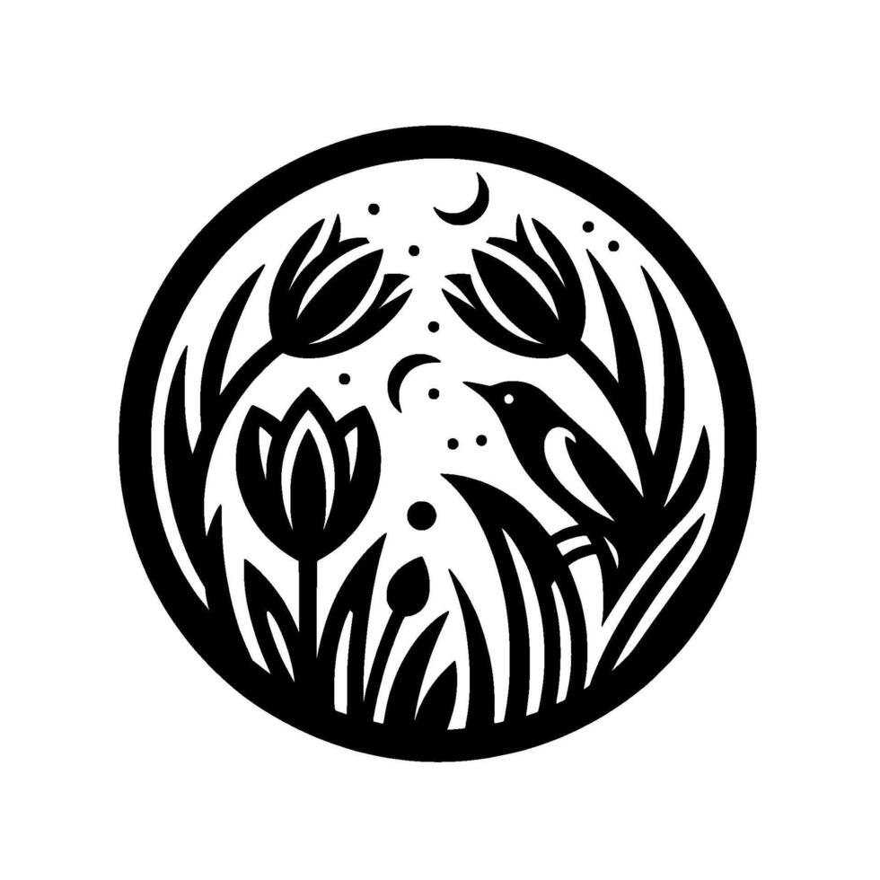 Black and White Circular Illustration Featuring a Bird Perched Amidst Blooming Tulips, Grassy Blades, and Crescent Moons under a Starry Sky. vector