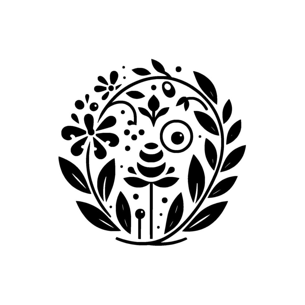 Black and White Floral Emblem A Circular Composition of Stylized Flowers, Leaves, and Dots, Resembling a Friendly, Whimsical Face. vector