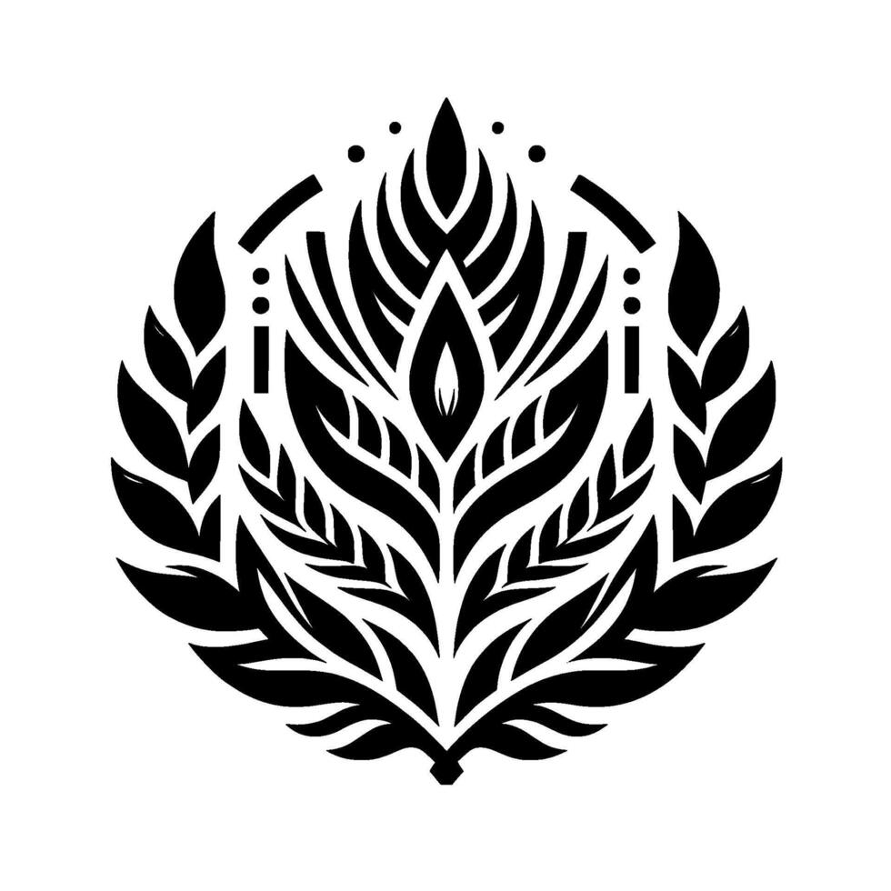 Stylized Black Floral Emblem with Symmetry, Leafy Border, and Ornamental Details on a White Background. vector
