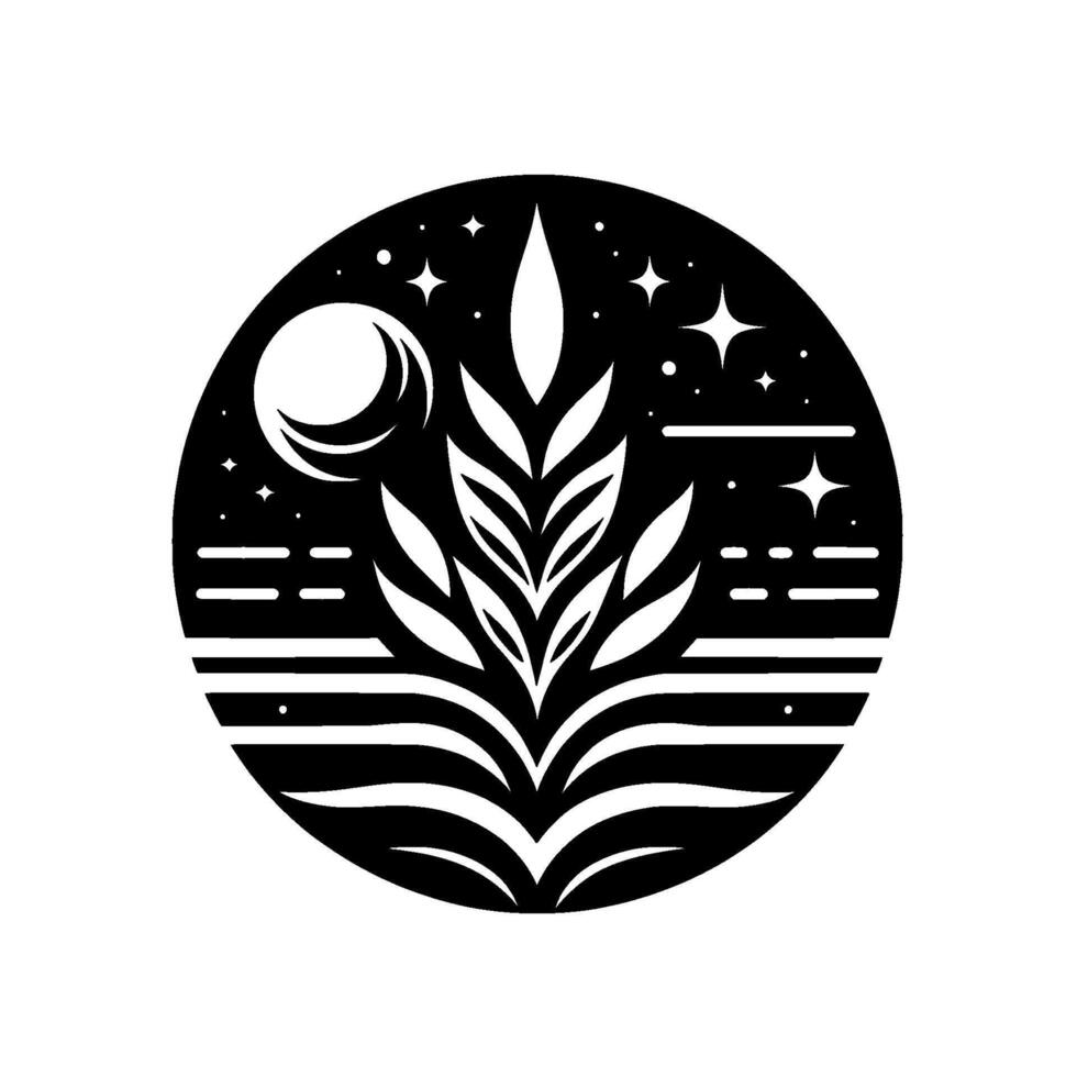 A serene black and white minimalist featuring a plantlike element within a circular frame, adorned with stars, a crescent moon, and horizontal lines, evoking a celestial and natural aesthetic. vector
