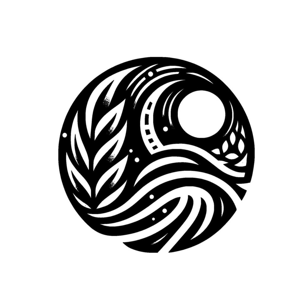 Abstract YinYang Inspired Featuring Botanical Elements, Organic Lines, and a Circular Composition on a White Background. vector