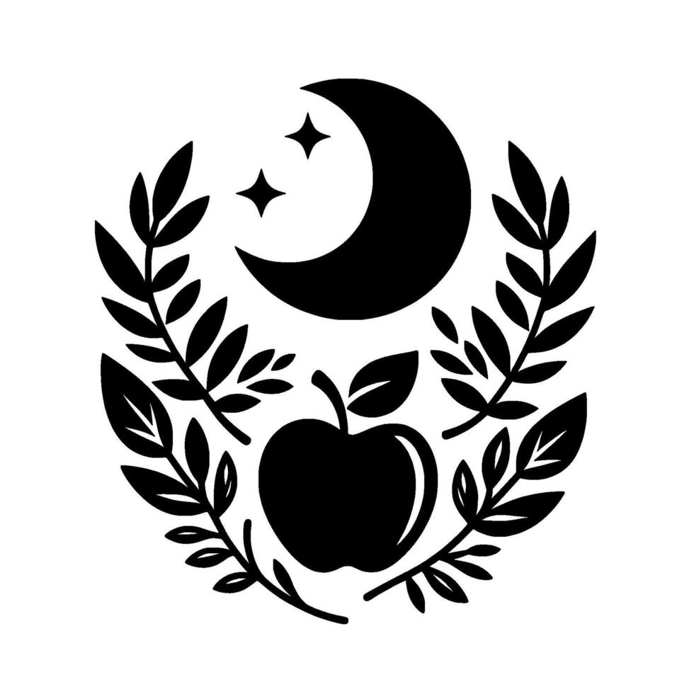 Black and white minimalist emblem featuring a crescent moon, two stars, an apple, and laurel branches arranged in a circular . vector