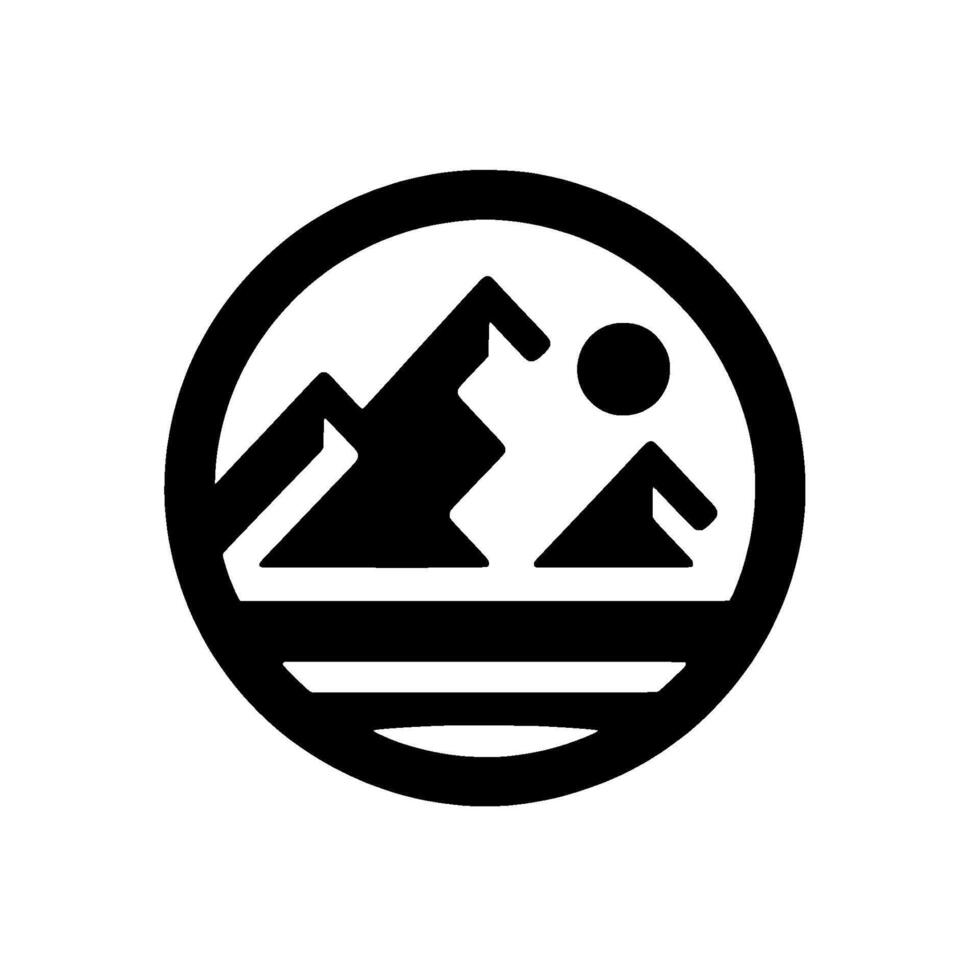 Bold Black and White Circular Featuring Mountain Peaks, Sun, and Water, Representing Outdoors and Adventure. vector