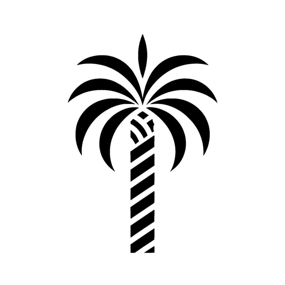 A stylized, , black and white depiction of a palm tree silhouette, with a striped trunk and curved fronds, set against a pure white background. vector