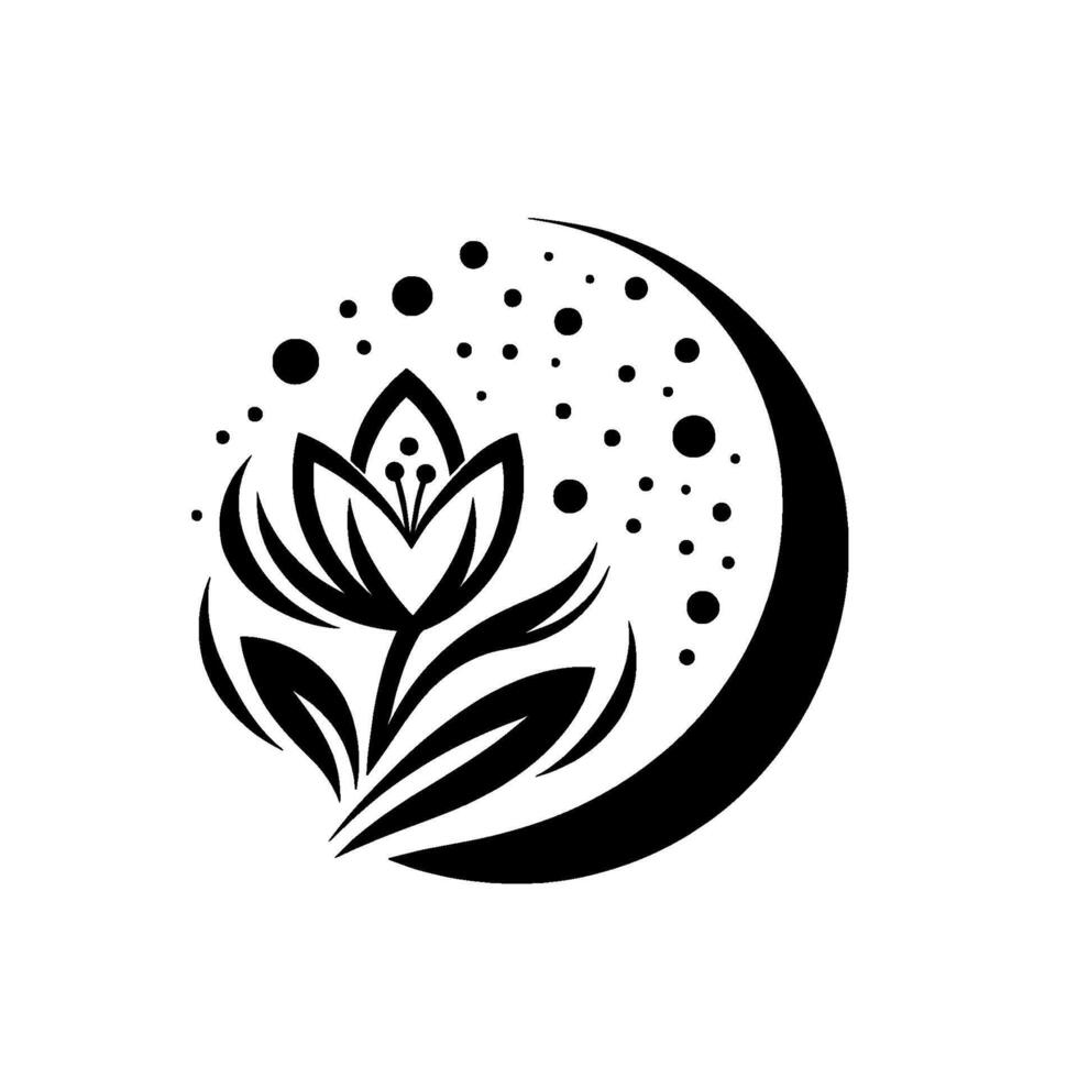 Elegant Black and White Floral Emblem A stylized flower within a crescent moon, adorned with scattered dots, evoking serenity. vector