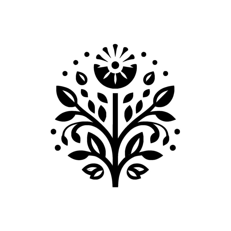 Minimalist Black and White Folk Art Floral with a Central Flower, Leaves, and Dot Accents on a White Backdrop. vector