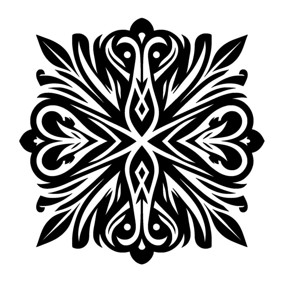 Symmetrical, ornate black and white featuring flowing lines, hearts, leaf shapes, and diamond details, evoking a sense of elegance and balance. vector