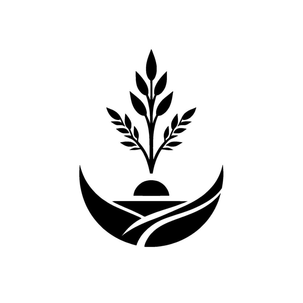 Abstract monochrome representing a growing plant emerging from a stylized landscape under a rising sun or moon, symbolizing growth and nature. vector