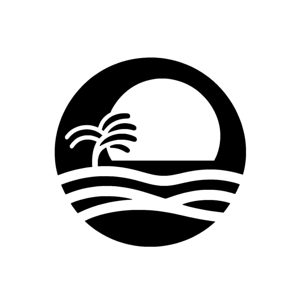 A stylized black and white circular depicts a tranquil ocean scene with a sun, palm tree, and stylized waves, evoking a sense of peace and escape. vector