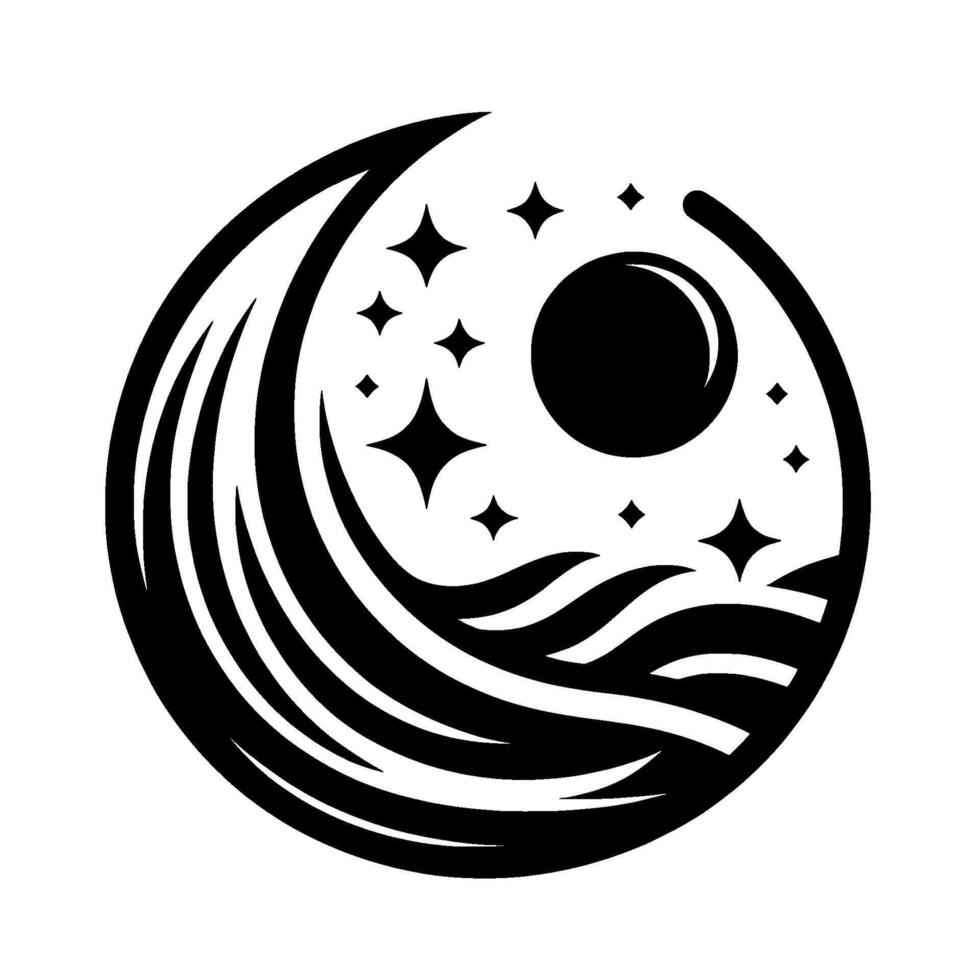A stylized, symmetrical emblem depicting the night sky over a stylized ocean with the moon and stars arranged within a circle. vector