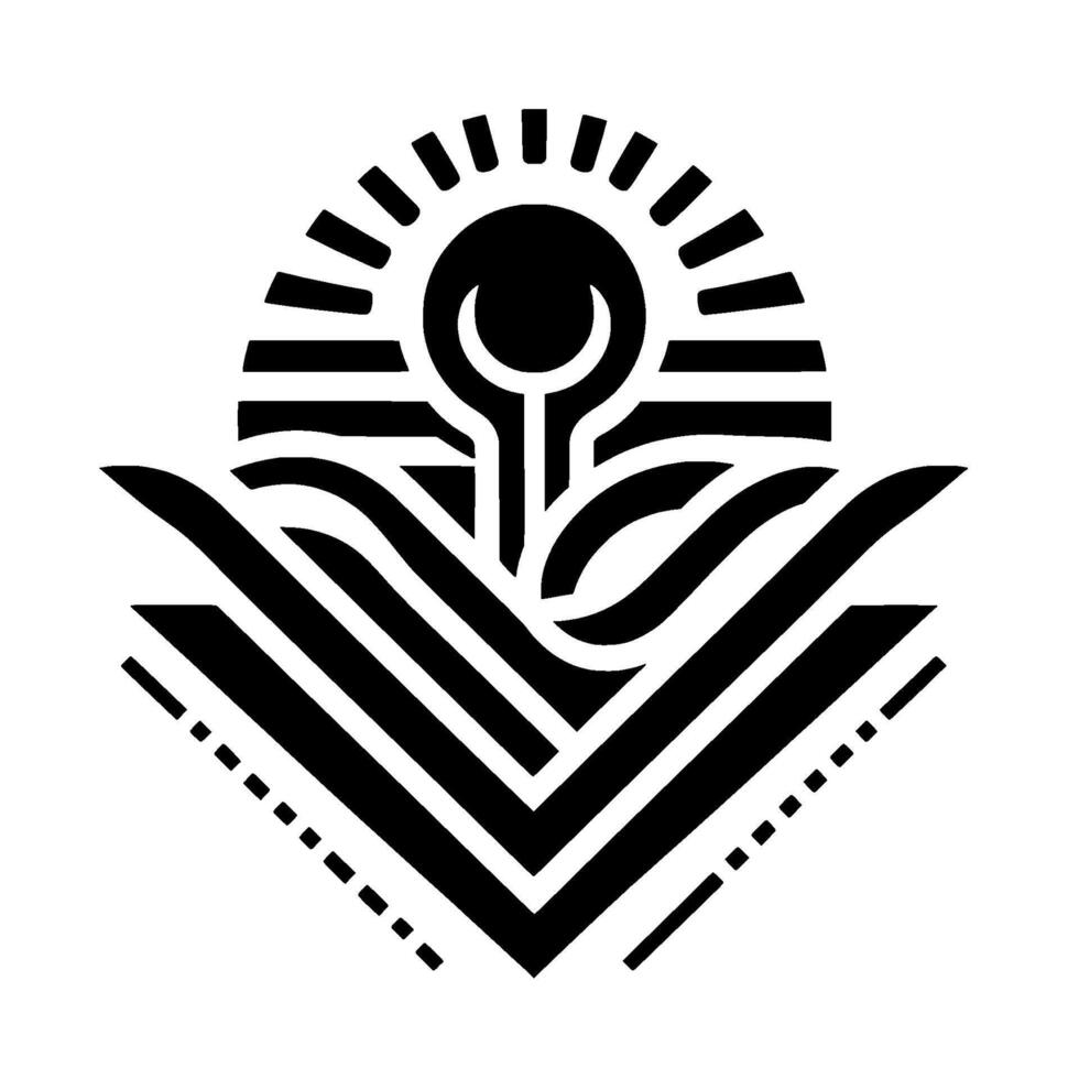 Abstract Black and White Stylized Sunrise Over a Geometric Plant, Representing Growth Energy. vector