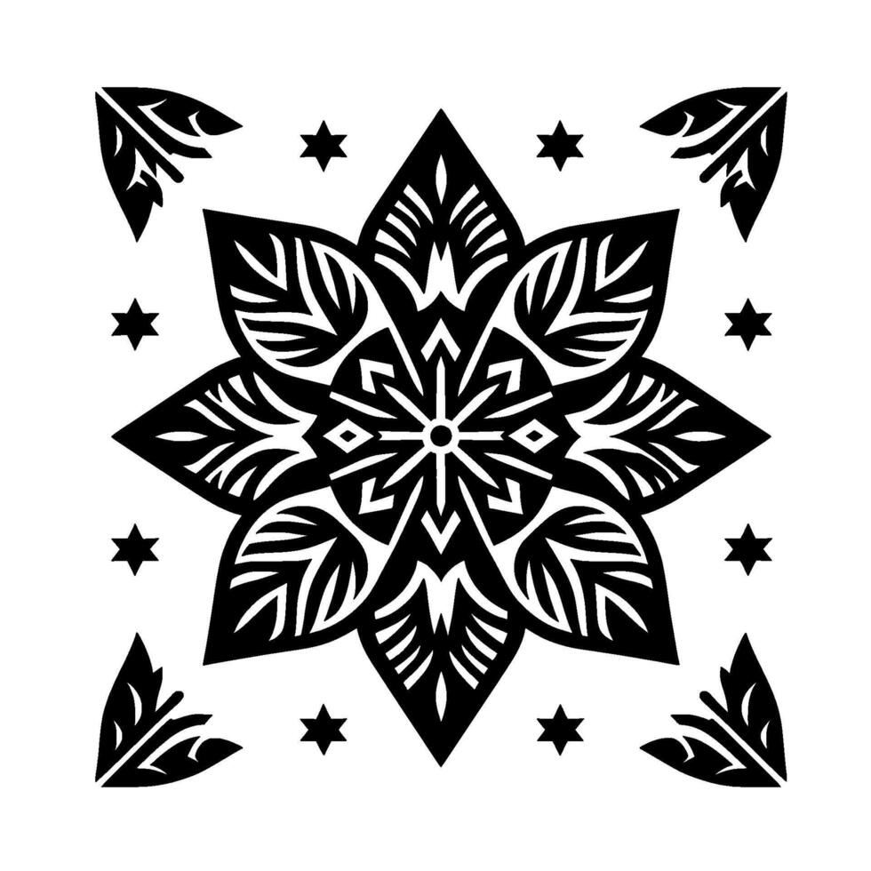 Intricate Black and White Floral Mandala with Leaflike Petals, Geometric Center, and Star Accents on a White Background. vector