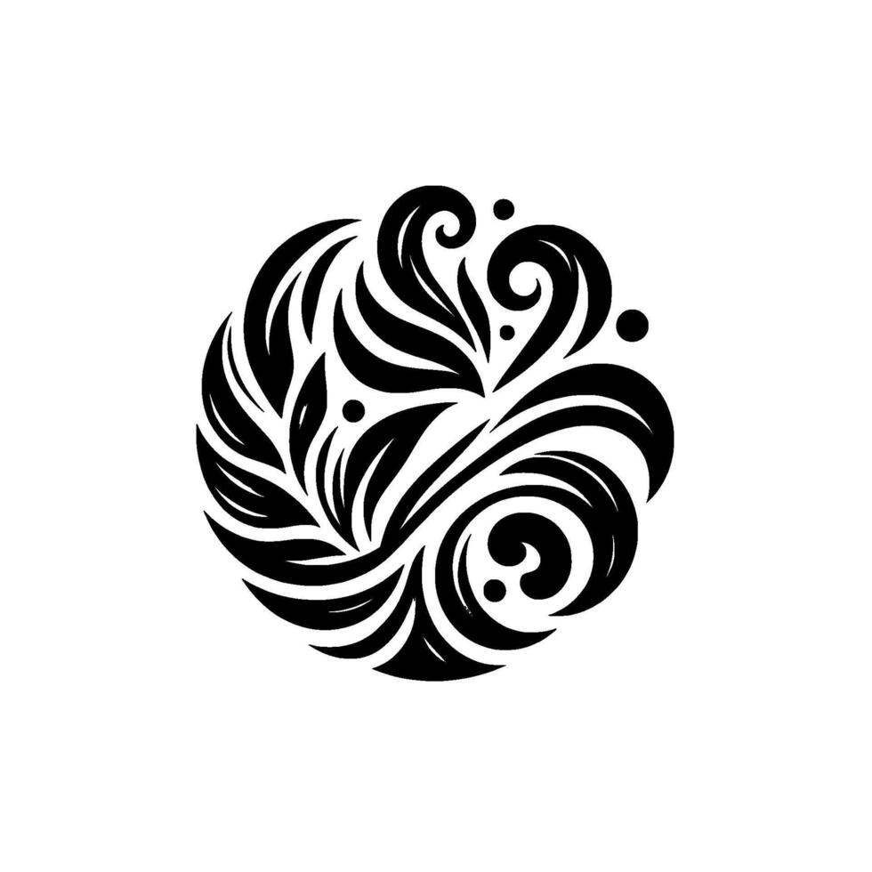 Circular Black and White Floral , Stylized with Leaves, Swirls, and Dots, Isolated on a White Background. vector