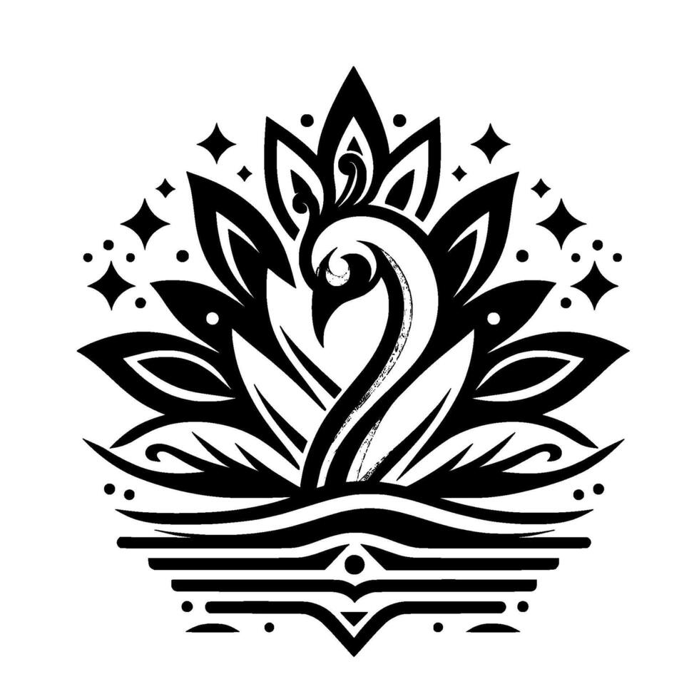 Elegant Black and White Swan Amidst Floral Embellishments and Star Accents, Symbolizing Beauty and Harmony. vector