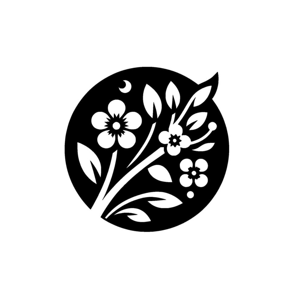 Elegant Black and White Floral A Branch of Blossoms and Leaves Encased in a Circular Frame with a Crescent Moon Detail. vector