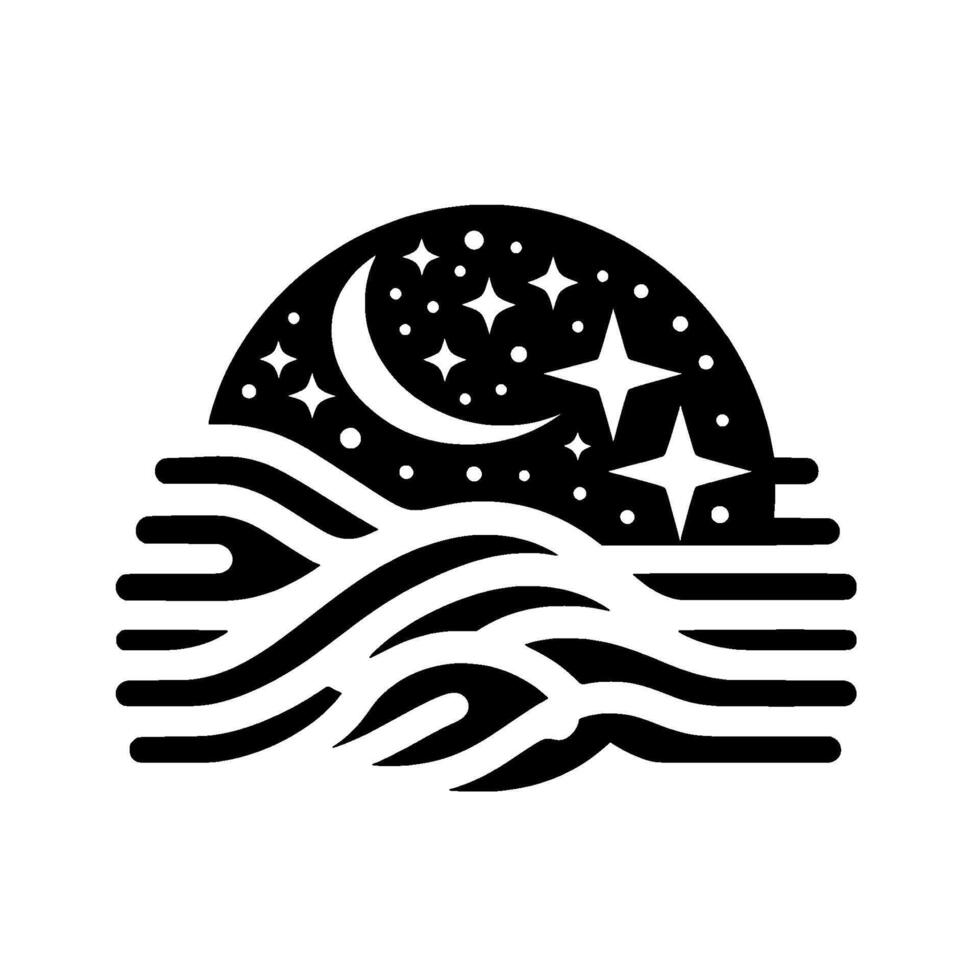 Illustration of a Crescent Moon, Stars, and Wavy Water in a Night Sky Silhouette . vector