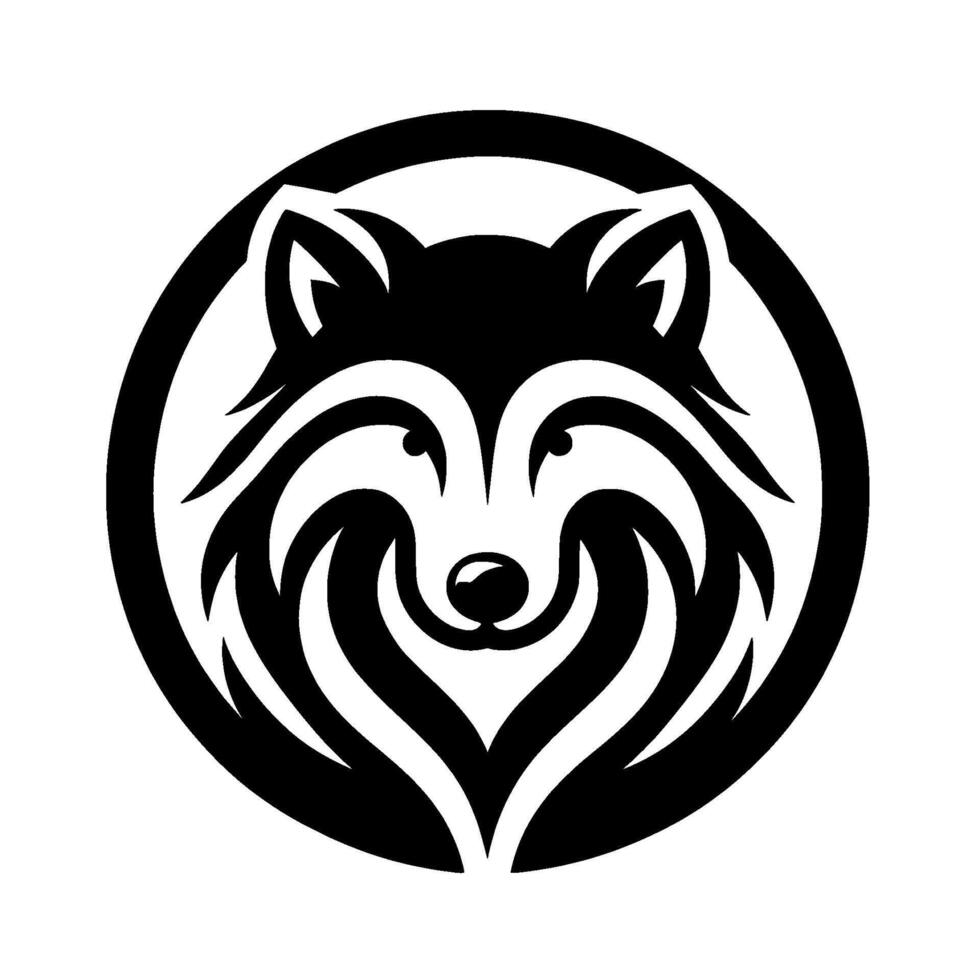A minimalist black and white raccoon head , showcasing stylized fur and a playful, concentric heart shape within a circular frame, symbolizing friendly charm and simplicity. vector