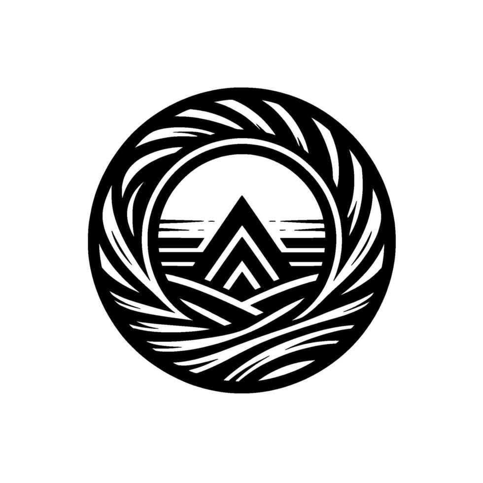 A minimalist, black and white circular emblem featuring a stylized mountain range and ocean waves within a laurel wreathlike frame, suggesting natural harmony. vector