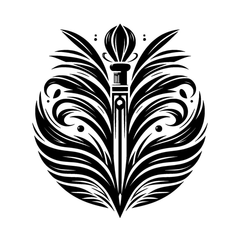 Ornate Black White A Stylized Torch Centerpiece within a Circular Floral Swirl on a White Background. vector