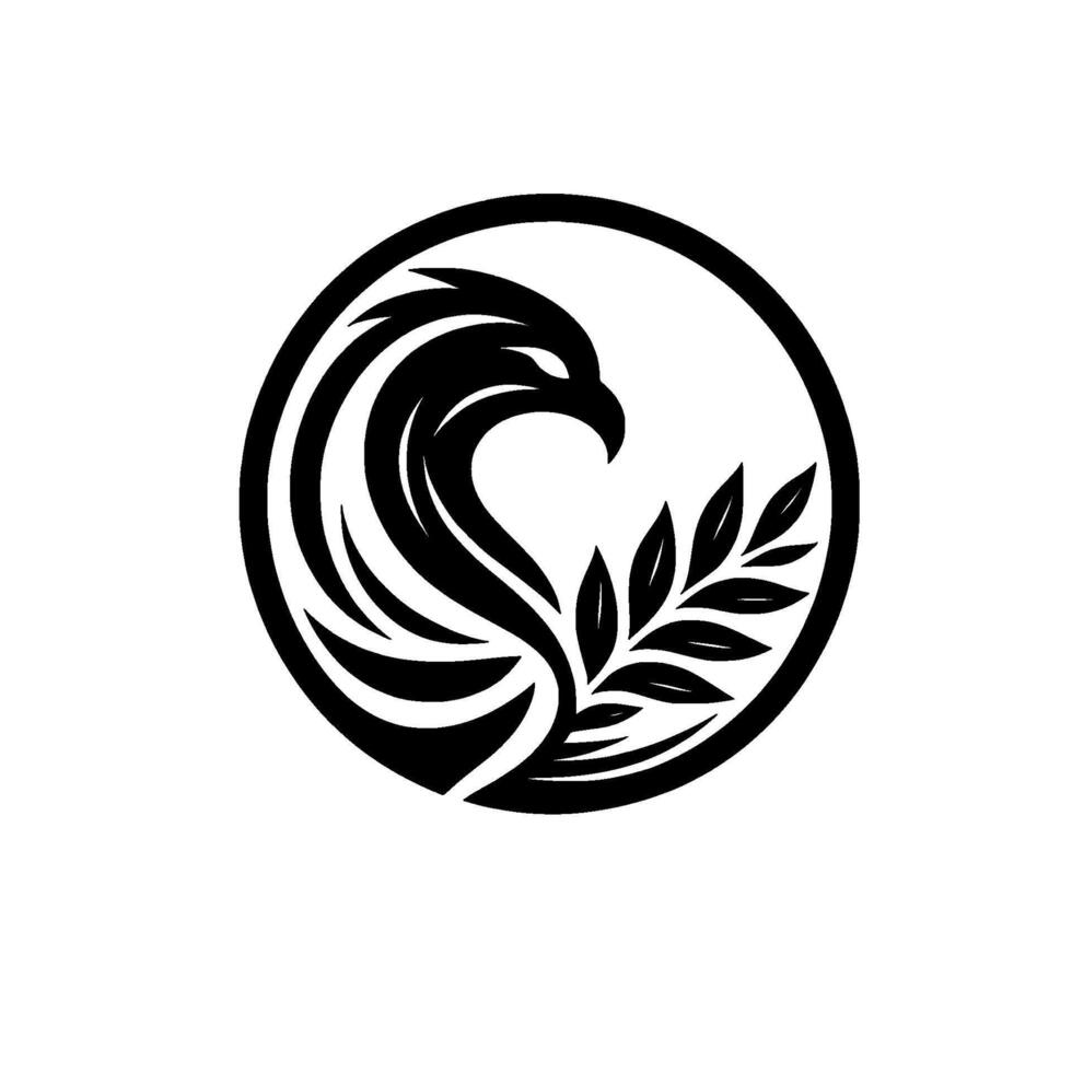 A stylized black and white emblem featuring an eagle head and olive branch within a circular frame, symbolizing strength and peace. vector