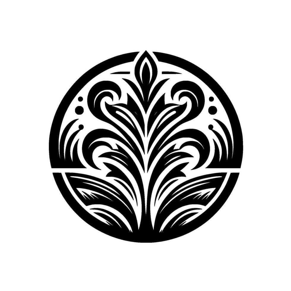 Intricate Black and White Ornamental A Symmetrical Floral Motif Contained within a Circular Frame, Evoking Classic Elegance. vector