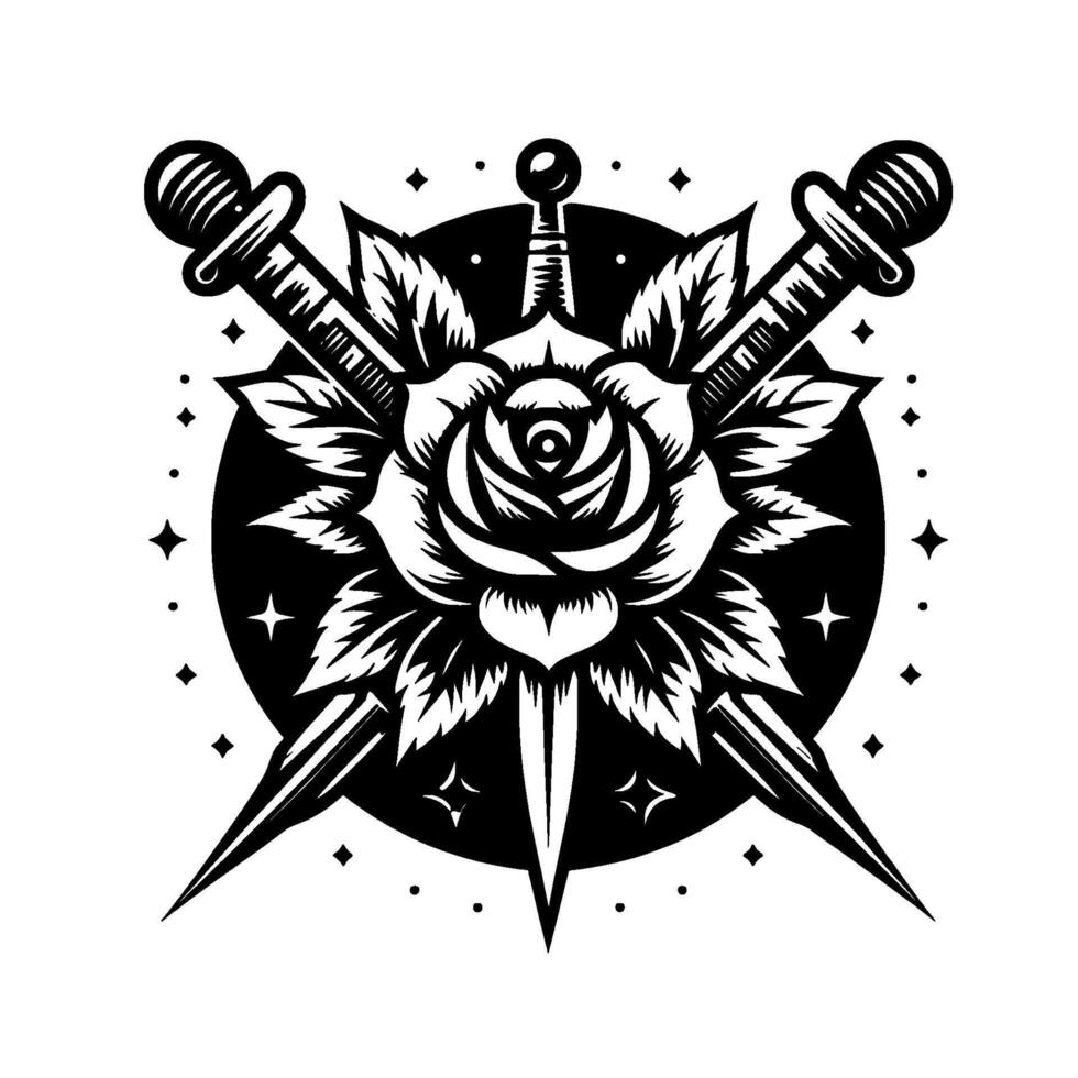 Intricate monochrome tattoo featuring a rose, crossed swords, and stars, set against a dark circular backdrop. vector