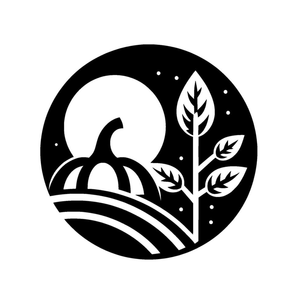 Symbolic Black White Circular Illustration of a Pumpkin, Moon, and Leaves, Evoking Autumnal Themes. vector