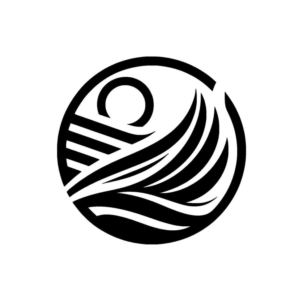 Abstract Monochrome Circular Composition Featuring Stylized Sun, Field Wave Elements Evoking Nature Serenity. vector