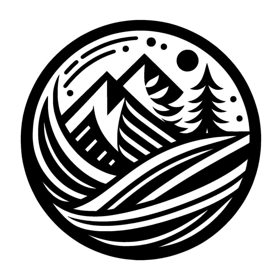 A stylized black and white circular emblem depicting a mountain range, pine trees, sun, and flowing lines suggesting rolling hills, evoking natures beauty. vector