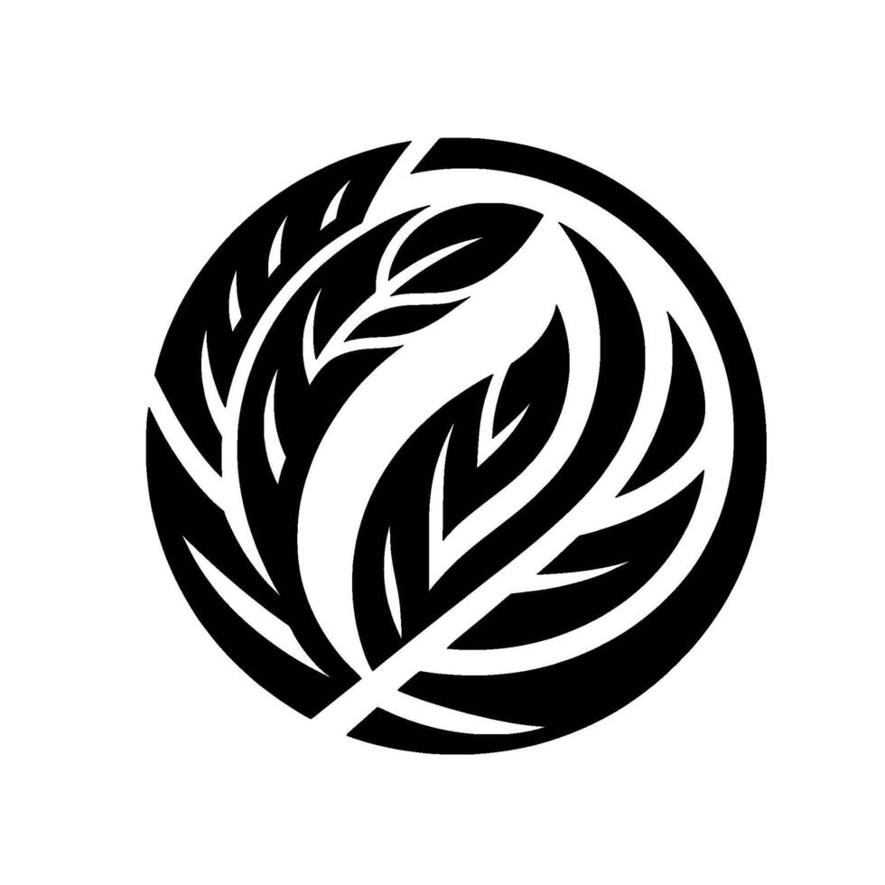 A minimalist black and white featuring stylized leaves arranged within a circle, embodying organic forms and natural elegance. vector