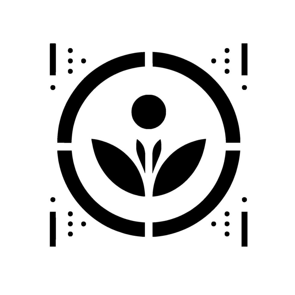 A minimalist black and white of a stylized flower within a segmented circle, framed by dot patterns and lines. vector