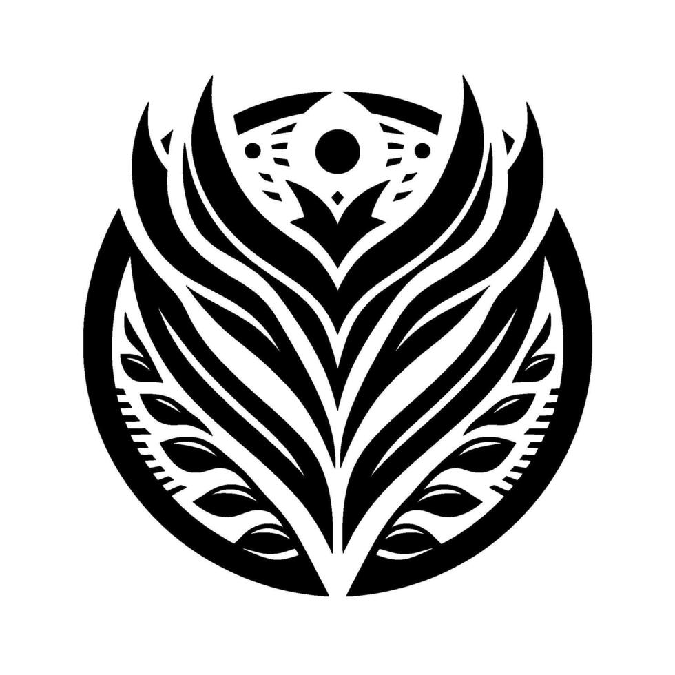A symmetrical Polynesianinspired circular featuring organic, stylized floral elements and patterns, composed of black shapes against a white background, with a sense of balance. vector
