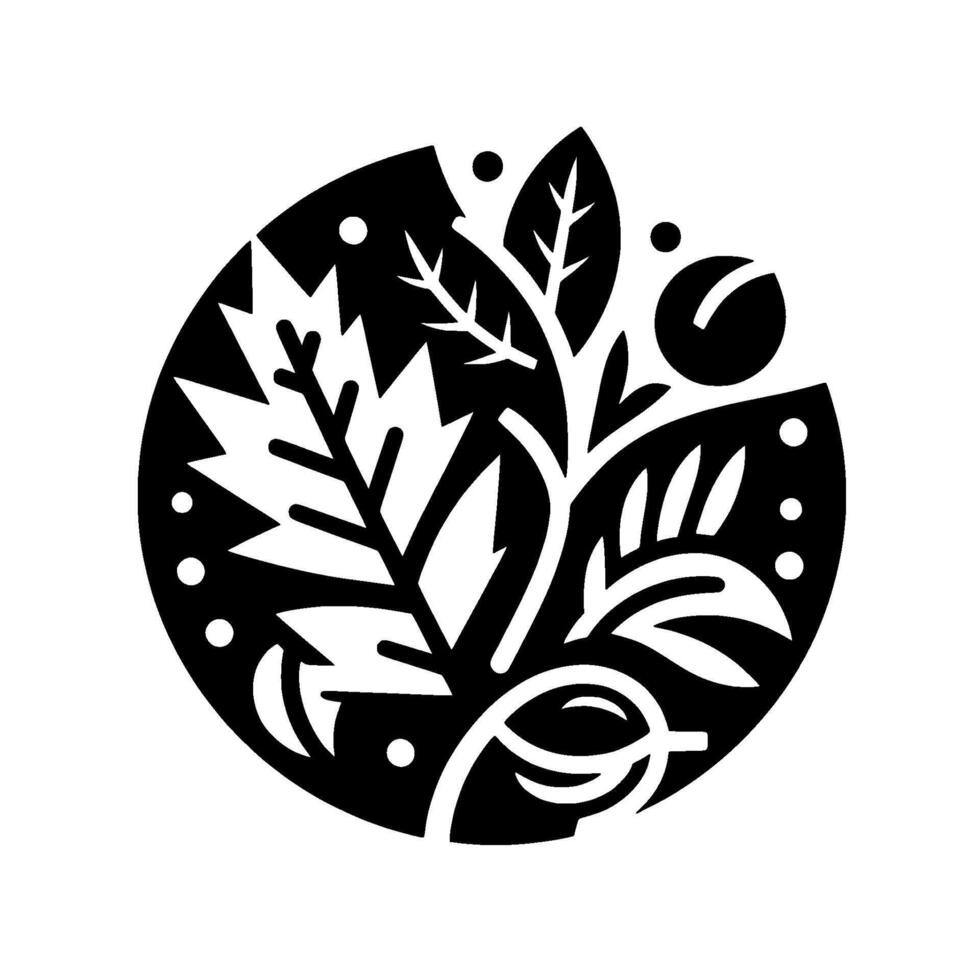 A starkly contrasted, stylized floral motif within a circular frame, featuring intricate leaves, buds, and branches, rendered in a bold black and white . vector