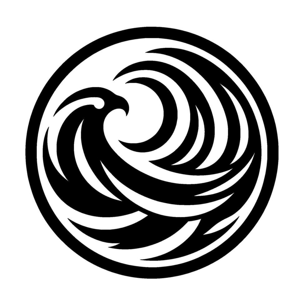 Black and white circular stylized depicting an eaglelike bird head amidst swirling, curved elements, exuding strength. vector