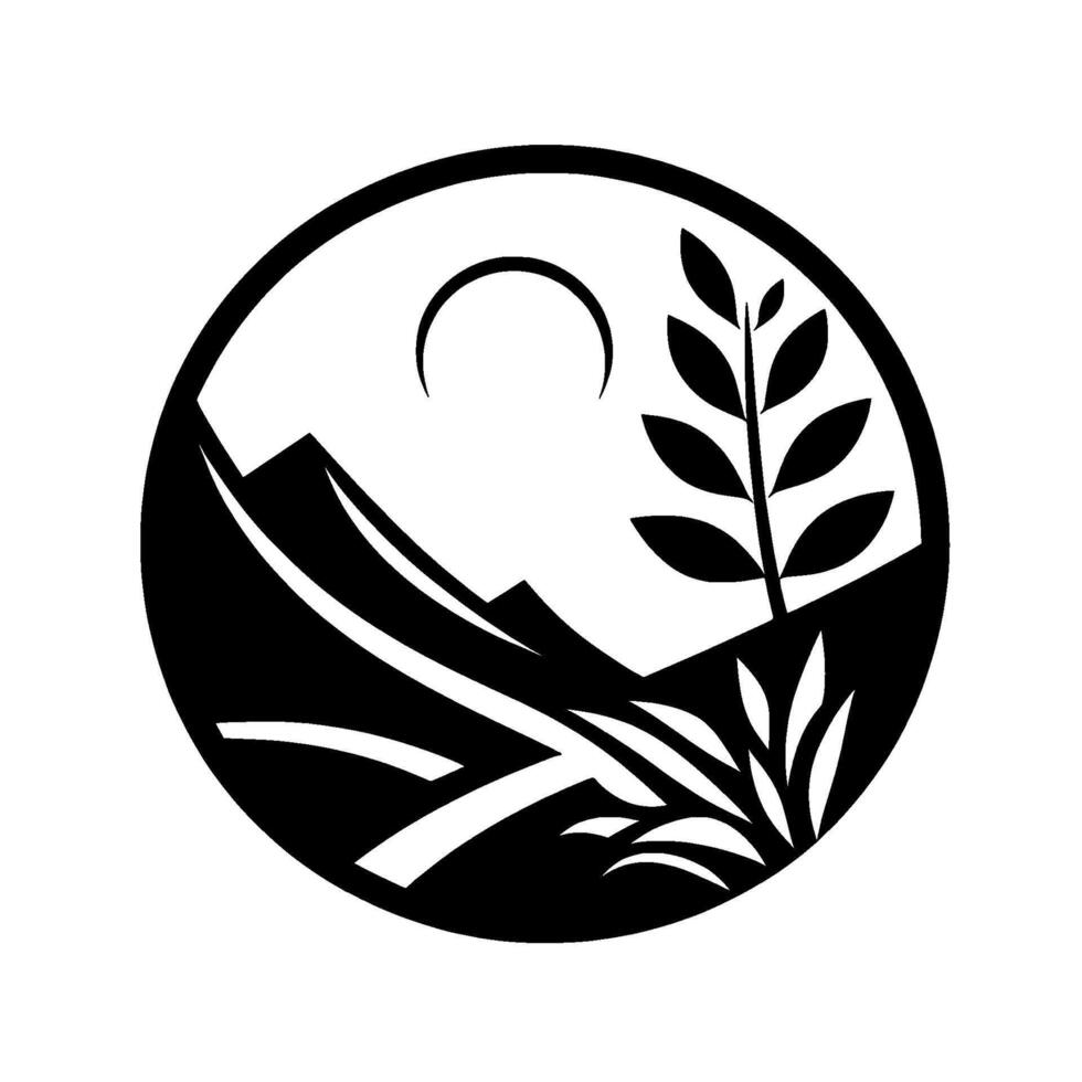 A minimalist black and white circular emblem, portraying a stylized landscape mountains, a crescent sun, foliage, and crops, evoking nature and agriculture. vector