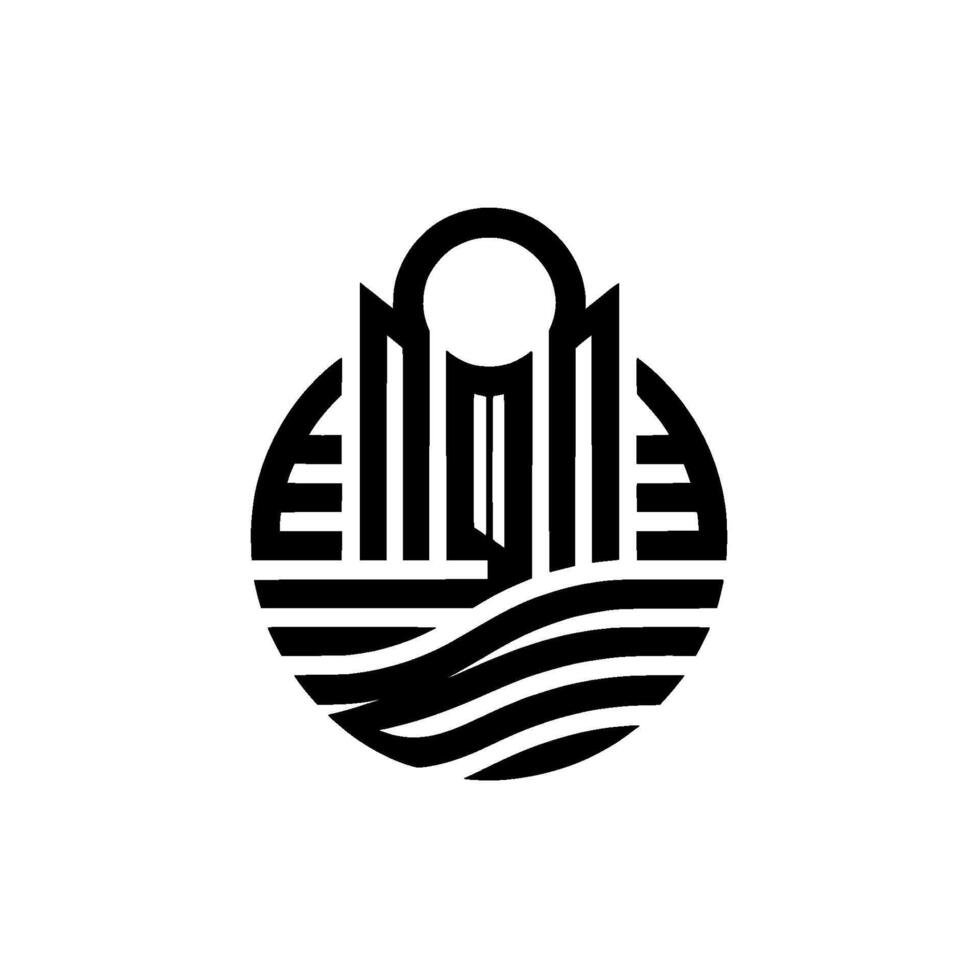 Minimalist Black and White Abstract Architecture Rising Over Waves, enclosed in a circle, with a sunarch element. vector