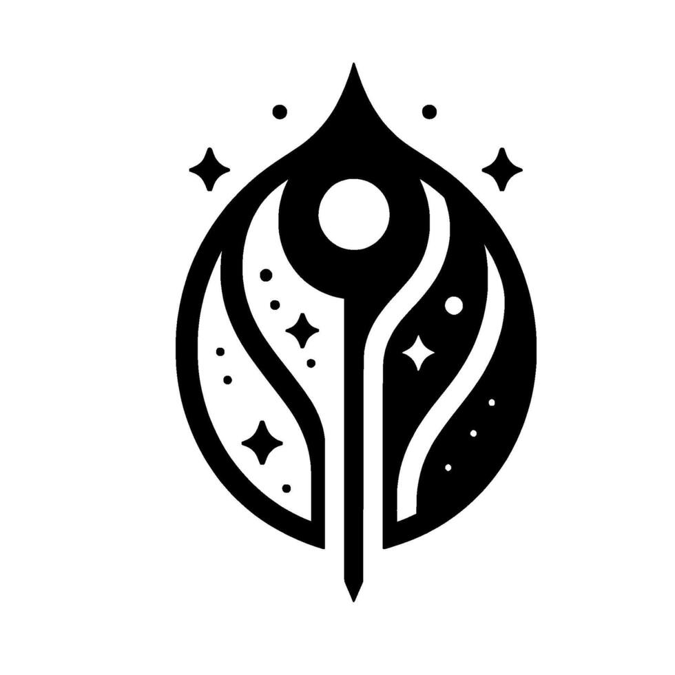 A stylized black and white glyph featuring a central staff with a circular head within a teardrop shape, and scattered dots and diamondlike stars. vector