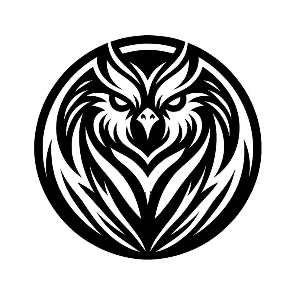 Fierce Owl Emblem A symmetrical, stylized of an owls head within a circular frame, showcasing bold black and white contrasting elements and a powerful, intense gaze. vector