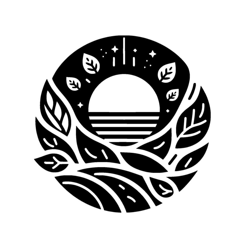 Circular Black and White Illustration Nature Scene with Sun, Leaves, and Rolling Hills, Minimalist . vector