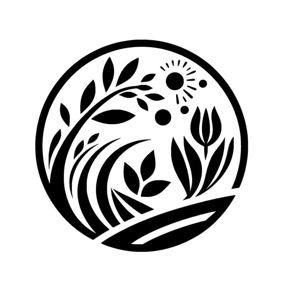 A black and white floral within a circular frame, featuring stylized leaves, flowers, sun and foliage, evoking natures beauty. vector
