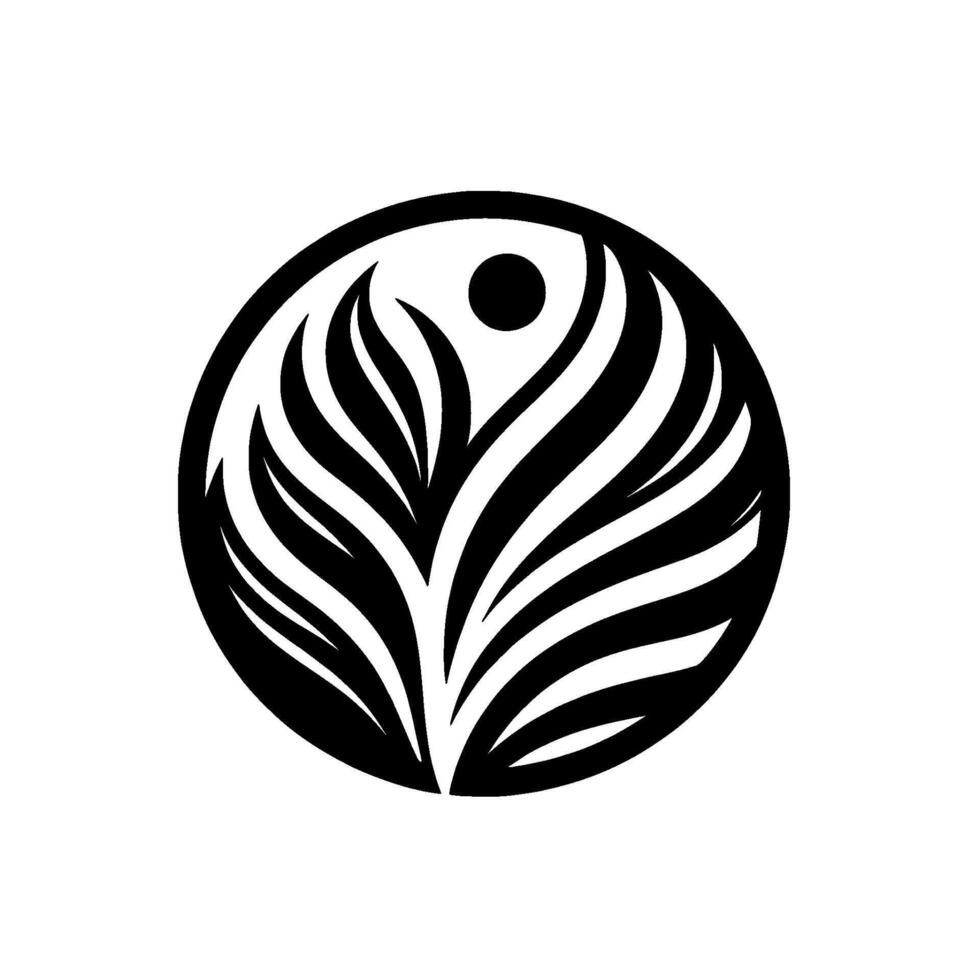 Abstract Black White Circular A Botanical Illustration with Leaflike Elements Radiating from a Central Core and a Floating Dot. vector