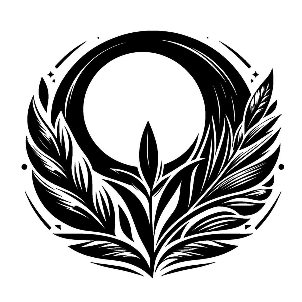 Black and White Floral Emblem A symmetrical with stylized leaves and an open circle, evoking nature and elegance. vector