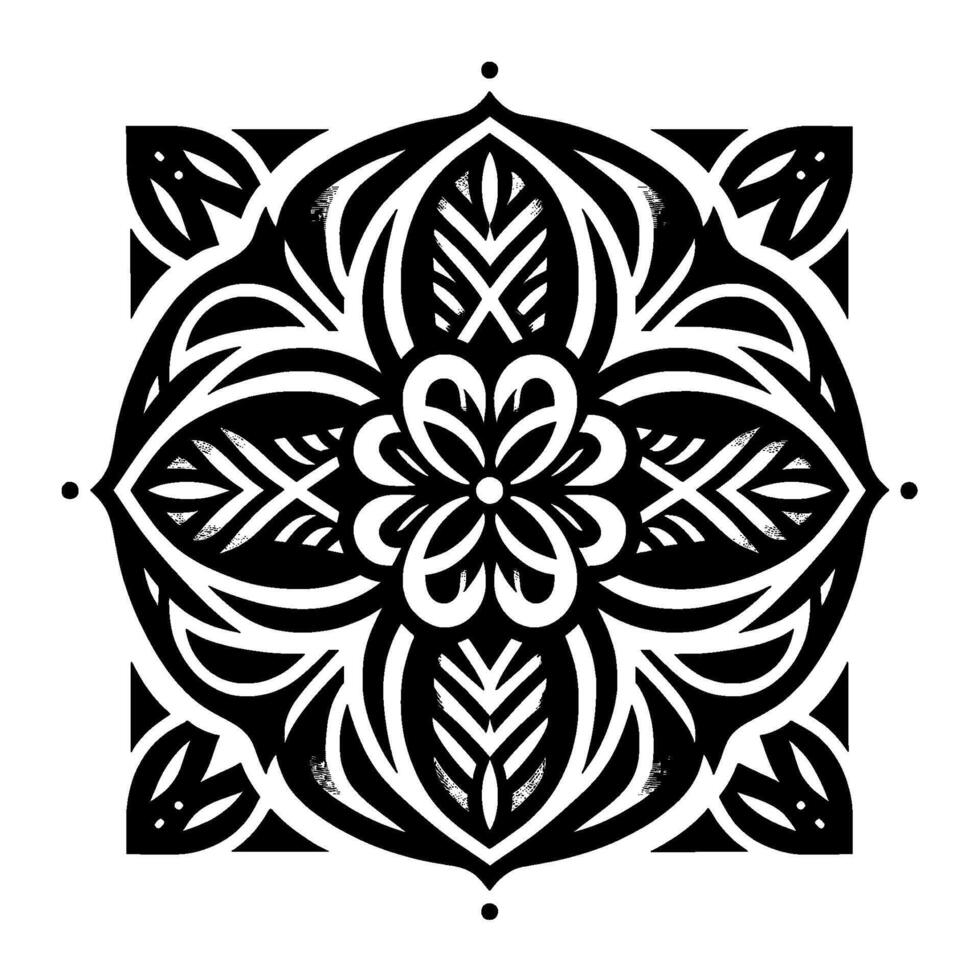 Intricate black and white symmetrical floral mandala with repeating patterns, geometric shapes, and a minimalist aesthetic. vector