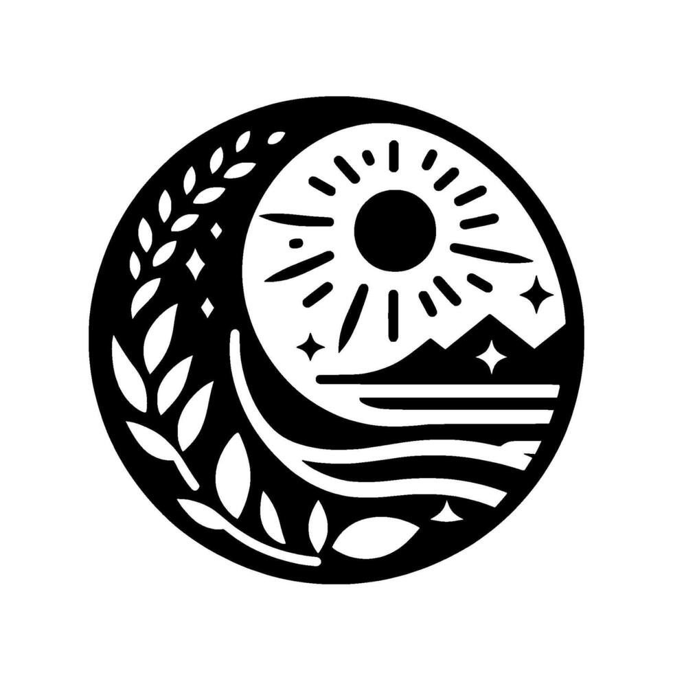 Symbolic Monochrome Circle Intertwined Sun, Moon, Landscape, and Foliage in a Balanced, Natural Composition. vector