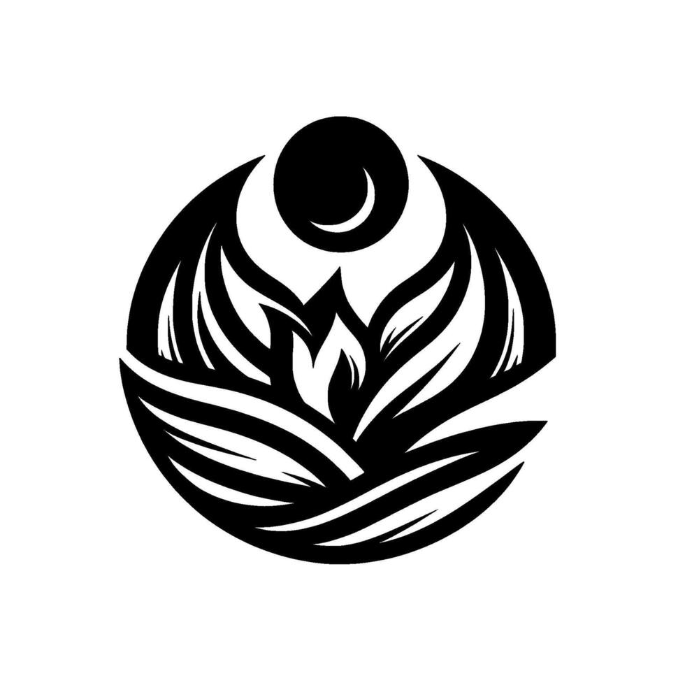 Geometric black and white stylized lotus flower encircled by an organic halfmoon and sun element in a circular format. vector