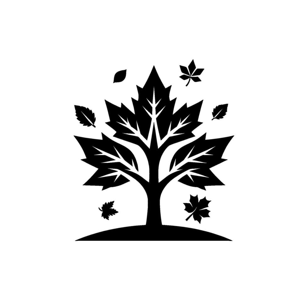 Monochromatic Maple Tree Silhouette with Falling Leaves on White Background, Depicting Autumn Season and Natures Tranquility. vector