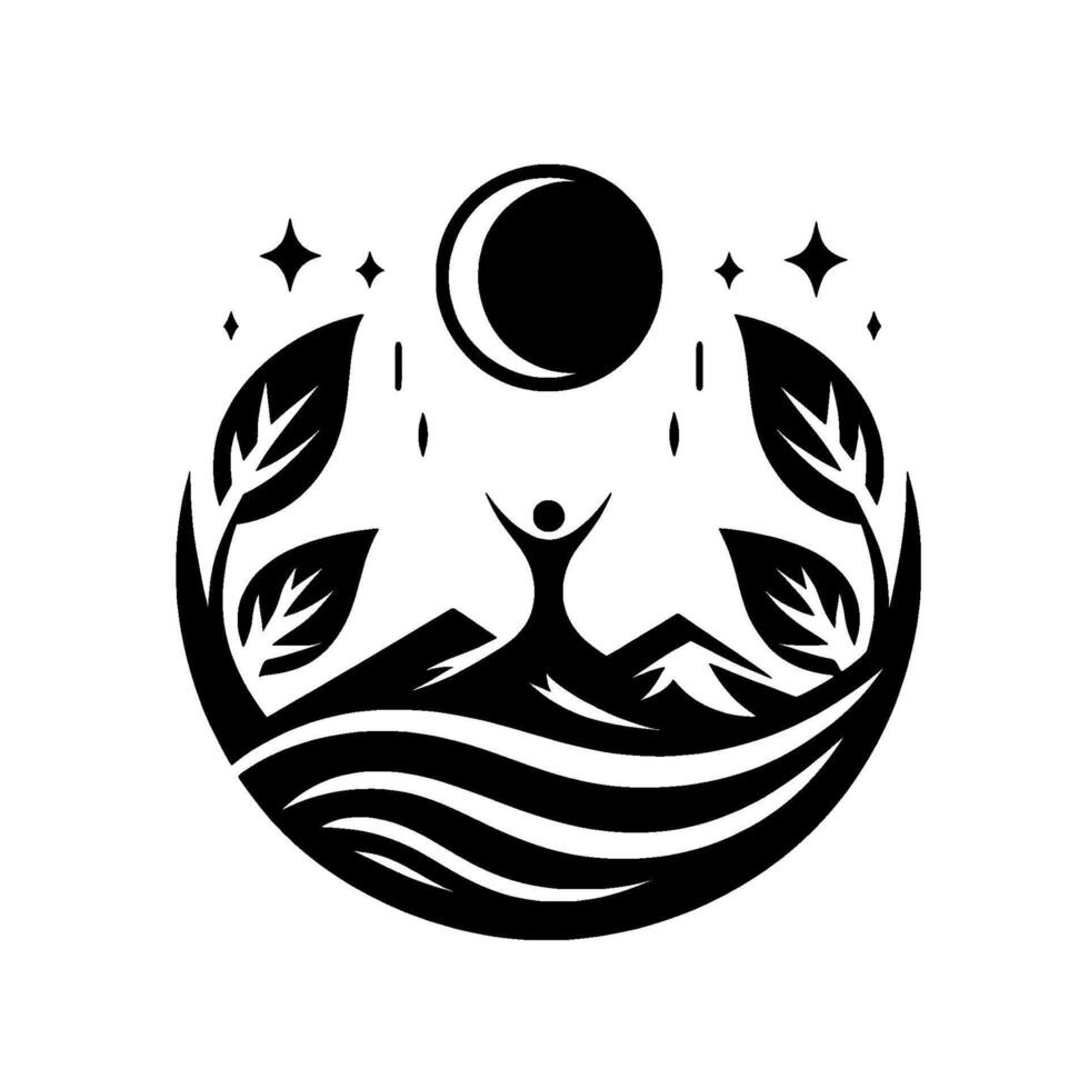 Black and White Circular Symbol Human Silhouette Reaching for Crescent Moon Above Mountainous Landscape, Surrounded by Leaves and Stars vector
