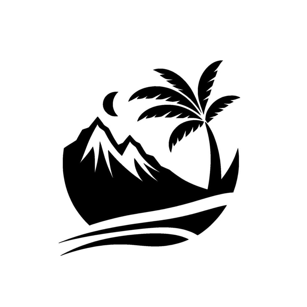 Silhouette of a serene tropical landscape showcasing palm, mountains, and moon on an oceanic horizon. vector