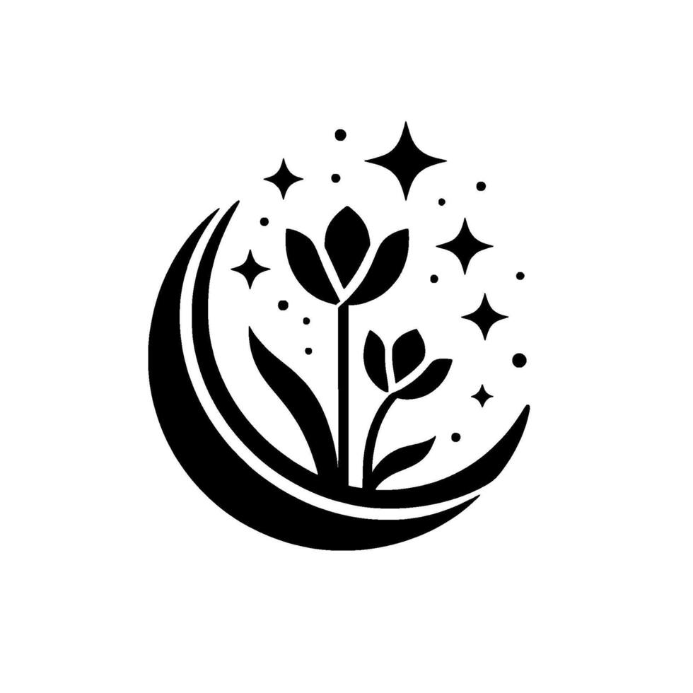 A stylized monochrome emblem featuring a crescent moon encompassing two blossoming flowers and sparkling stars and dots, evoking tranquility. vector