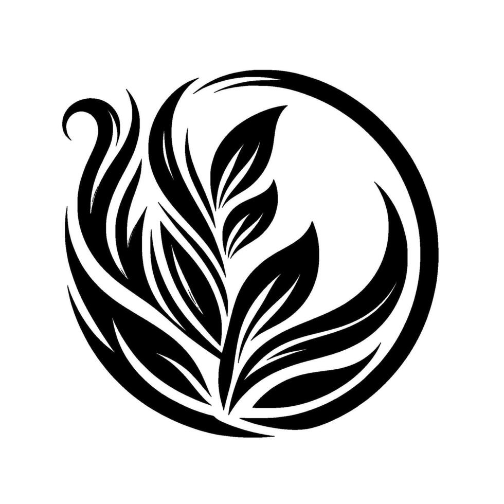 Elegant Black and White Floral Crest Stylized Leaves and Serpentine Elements Within a Circular Frame, Minimalist . vector